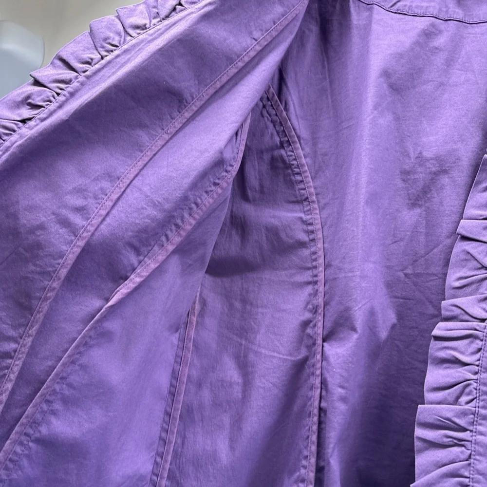 Chicos Womens Jacket Size Large Solid Purple Ruffle Trim Unlined 3/4 Sleeve Open